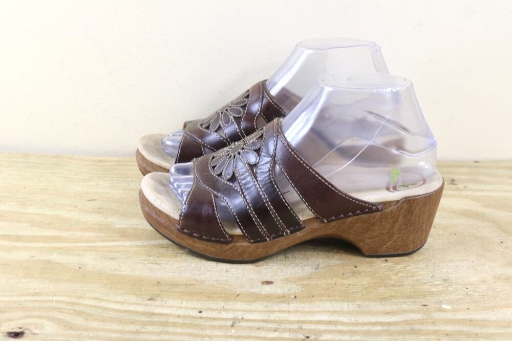 Dansko Womens Sandals 38 Suzy Brown Leather 7.5 Slip On Wedge Shoes
